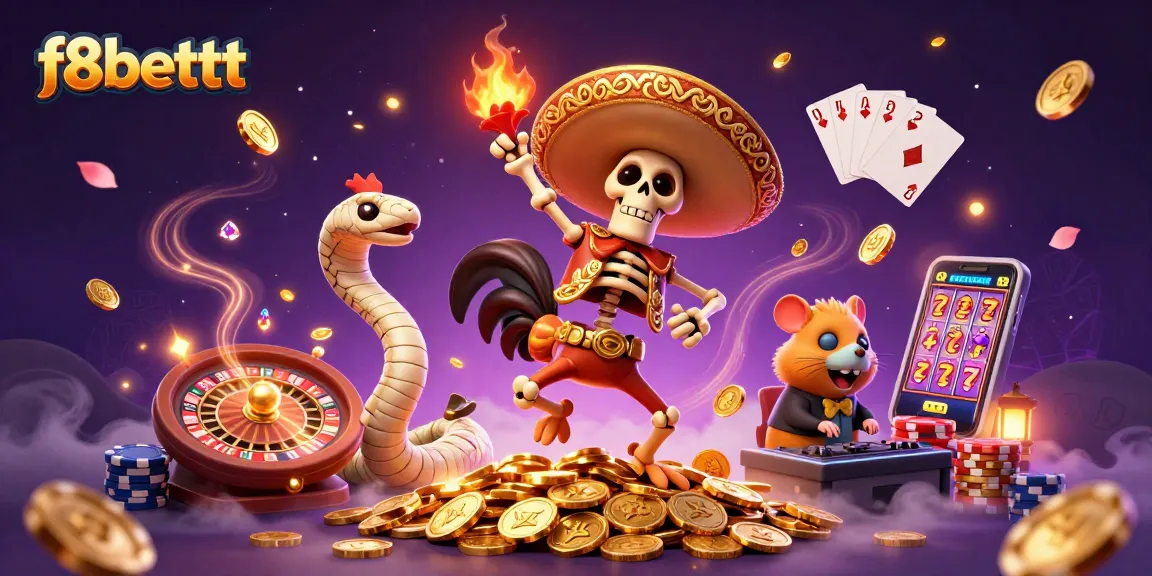Experience the colorful world of f8bettt with a lively 3D casino scene featuring festive characters and vibrant gaming elements.