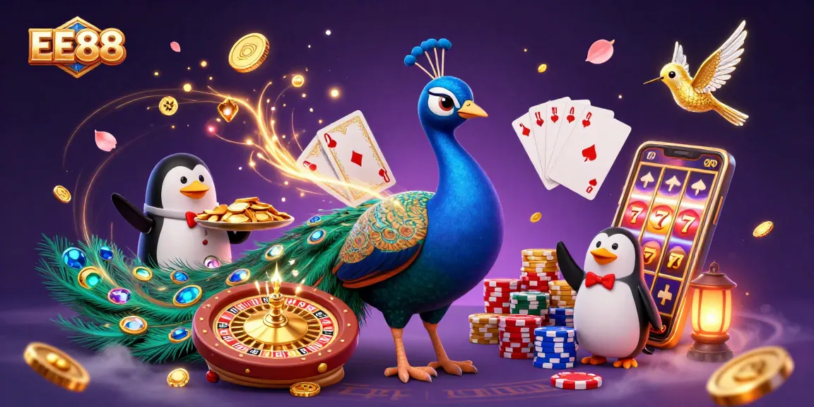 EE88 showcases a dynamic scene of gambling excitement with colorful casino elements and animated characters.