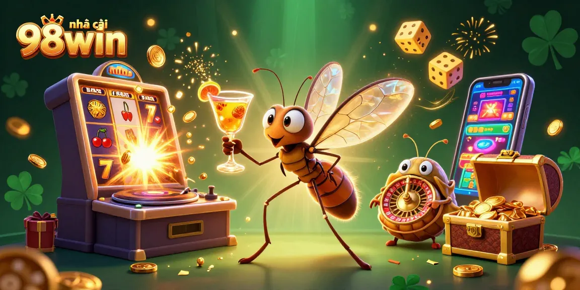 Engage with the dynamic scene of nhà cái 98win featuring a lively mosquito casino mascot and an ammonite roulette wheel.