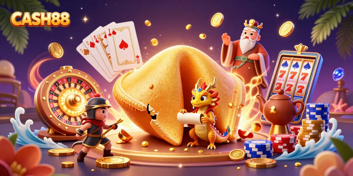 CASH88 presents a dynamic gambling scene with fortune cookie and casino elements illustrating potential wins.