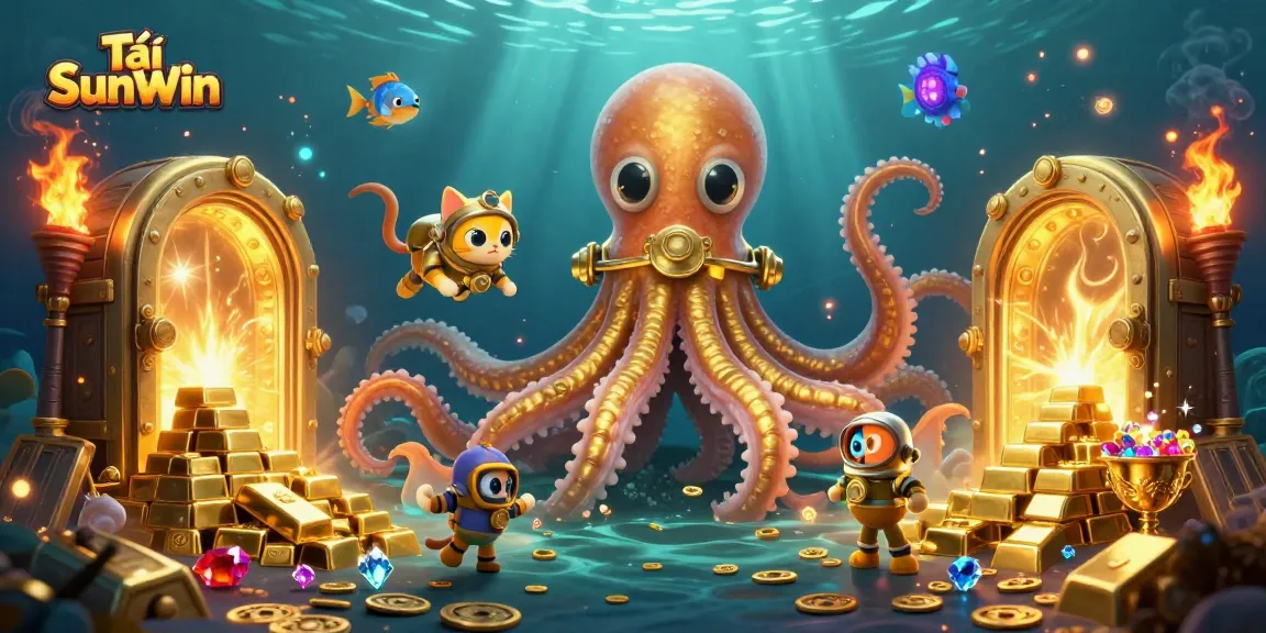 Experience exciting gameplay with Tải SunWin featuring a kraken, diving cat, and treasures.