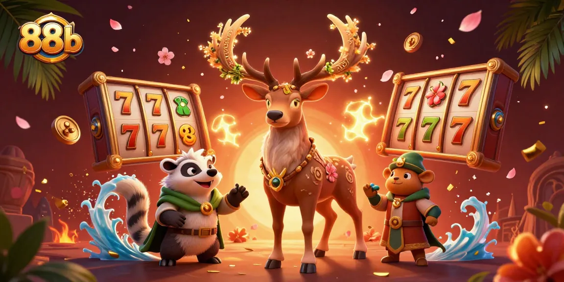 Experience 88b's exciting slot games with vibrant characters in a dynamic casino scene.