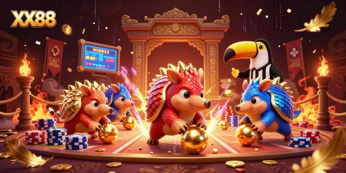 Engage in thrilling gameplay at XX88 with rival pangolins amidst luxury casino elements.