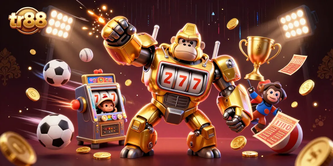 Engage with tr88 casino excitement featuring a dynamic golden gorilla mech and vibrant sports elements.