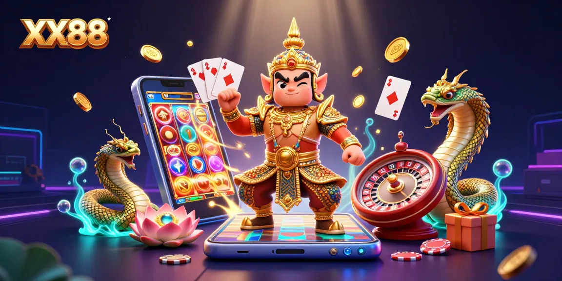 Spin the reels with XX88's vibrant casino scene featuring a friendly yaksha guardian.
