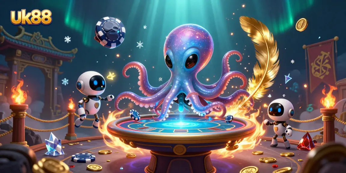 Engage with thrilling poker action at uk88 featuring an alien octopus and robot in a dynamic casino scene.