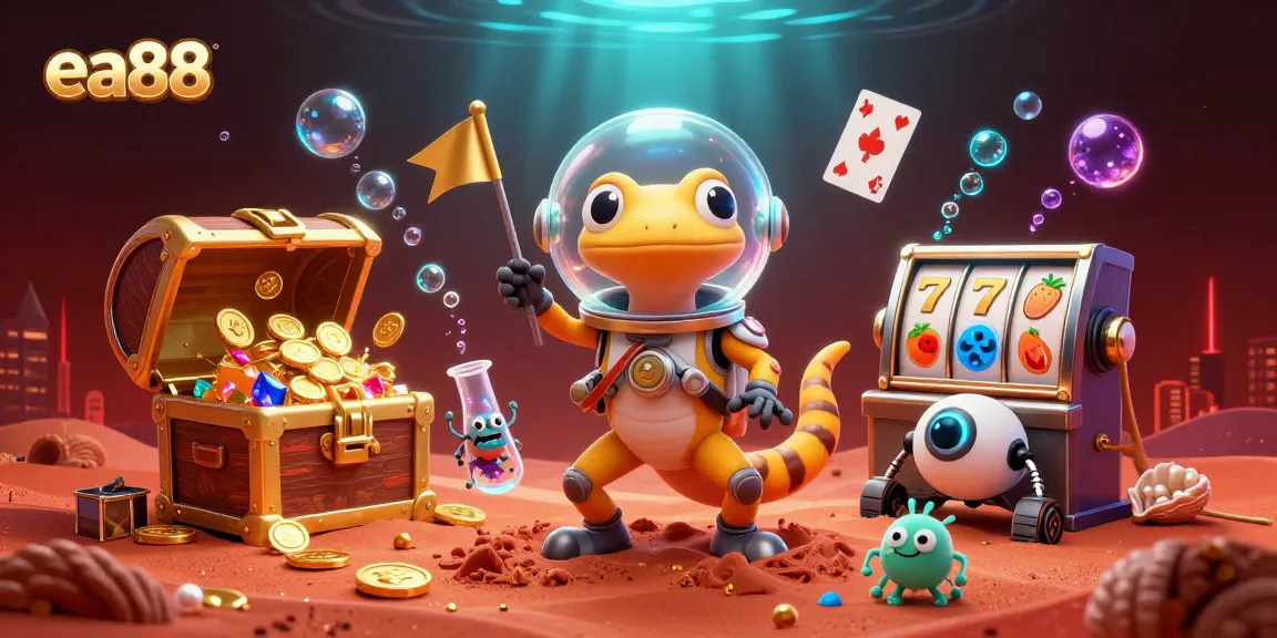 ea88 reveals an exciting golden casino, surrounded by vibrant game elements in a dynamic scene.