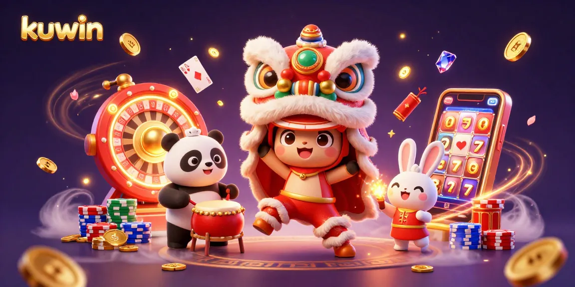 Kuwin casino scene featuring a lion dance, drumming panda, and stunning game elements.