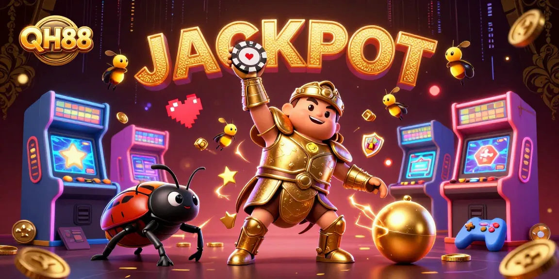 Engage with QH88's exhilarating gaming experience as a victorious gladiator beetle lifts a poker chip amidst a sea of dynamic gaming elements.