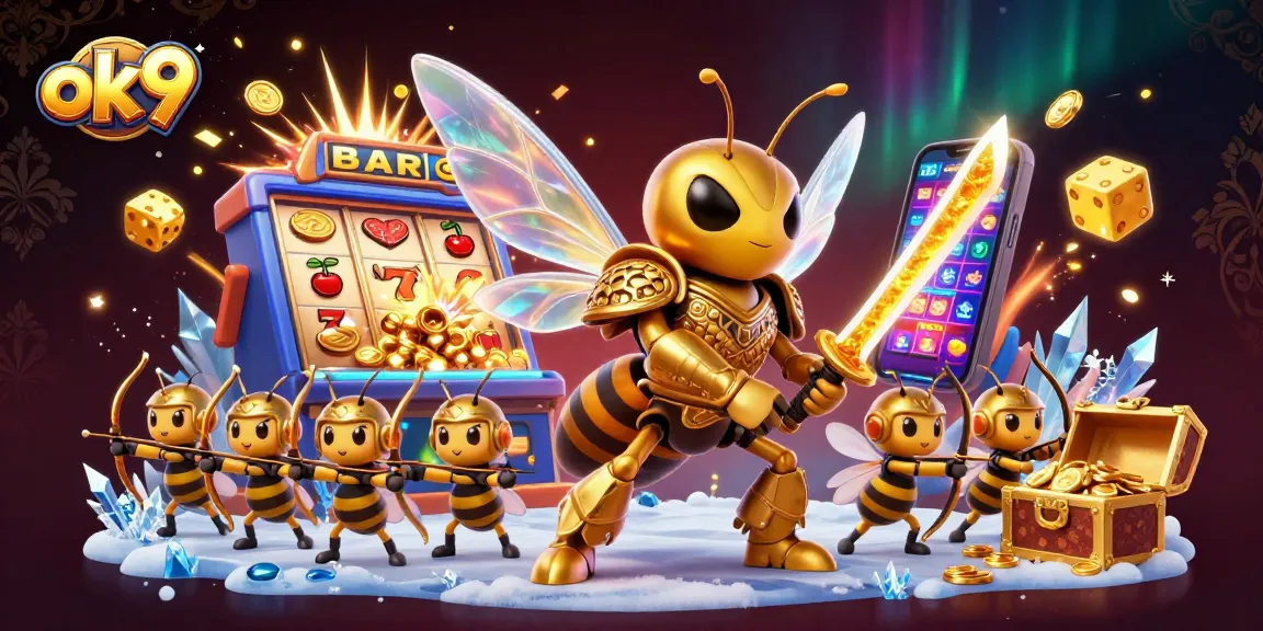 Spin the reels with ok 9 at the dynamic casino, eye-catching 3D golden hornet illustration