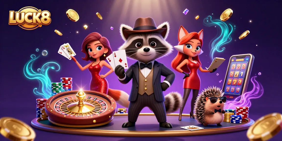 Engage with LUCK8 by joining a casino scene featuring a suave raccoon, fox lady, and vibrant game elements.