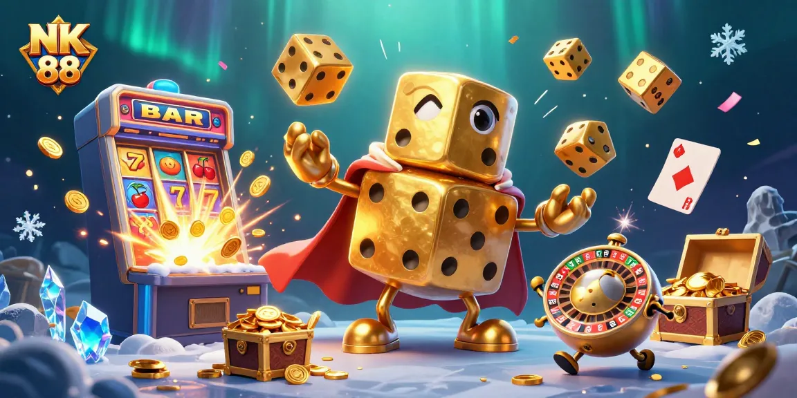 Experience NK 88 with a vibrant casino showdown featuring golden dice, slots, and jackpot explosions.