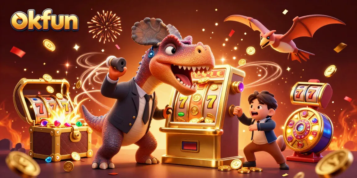 Experience the thrill of winning at okfun with a dynamic scene featuring a dinosaur jackpot celebration!