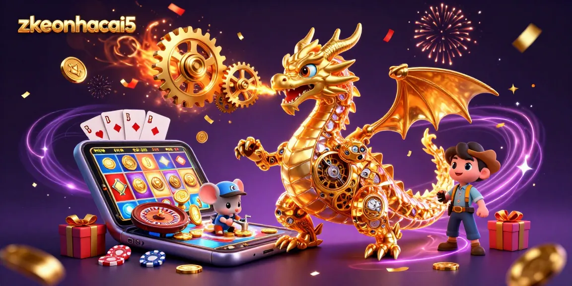 Experience zkeonhacai5 in a vibrant scene with a golden dragon and casino games.