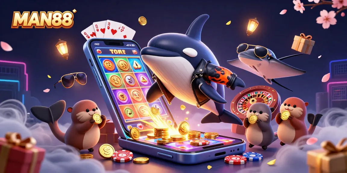 Experience thrilling gaming through MAN88 with energetic sea creatures and vibrant casino elements!