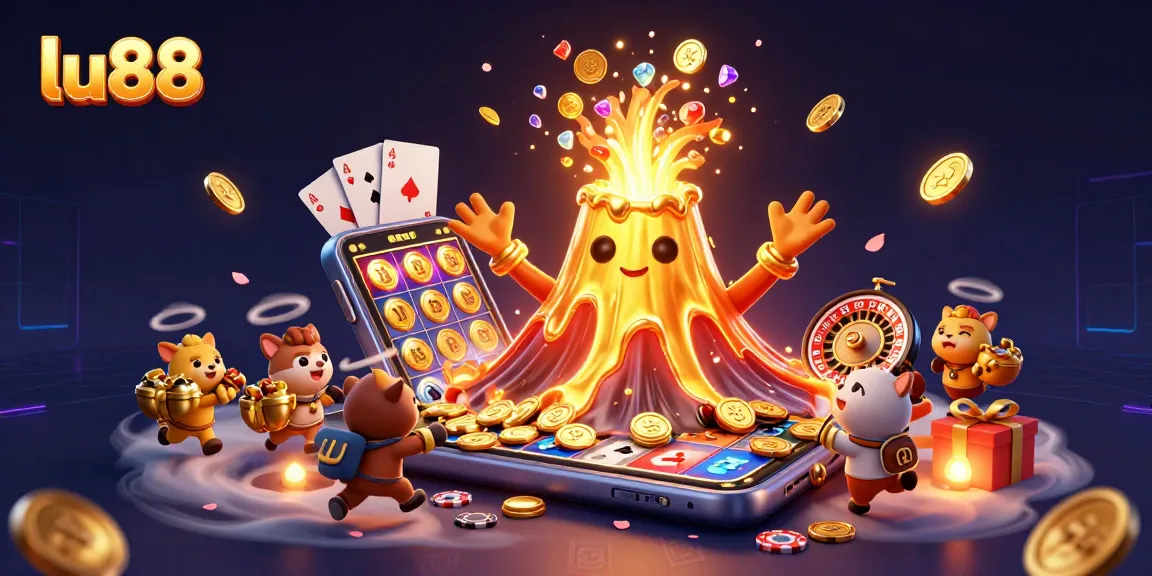Spin and win at lu88 with a golden volcano erupting treasures in a lively casino scene.