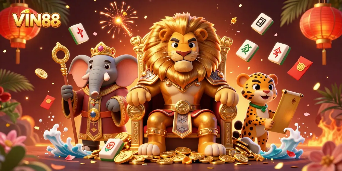 Play thrilling games at VIN88 with our vibrant casino illustration featuring a fierce lion king.