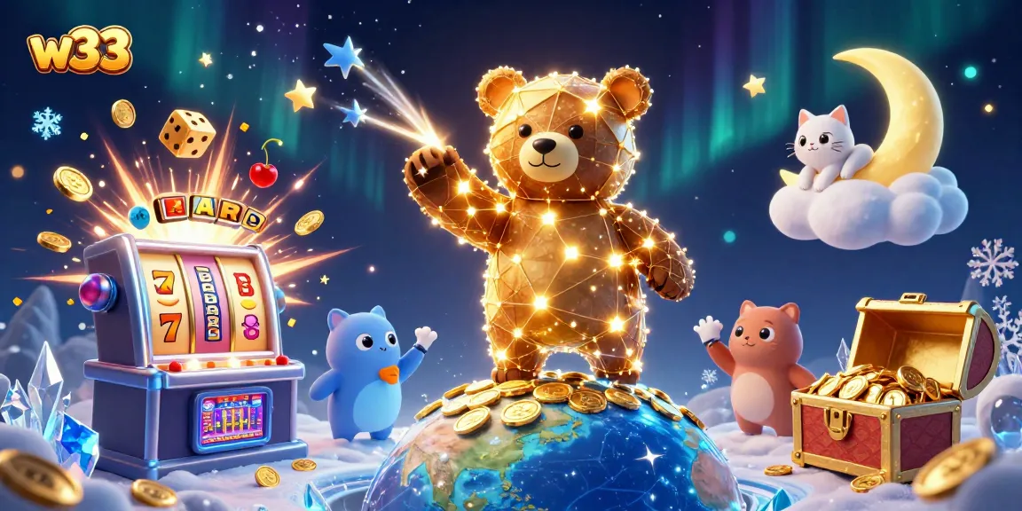 Experience exciting gaming at w33 casino with a constellation bear and vibrant slot machines.