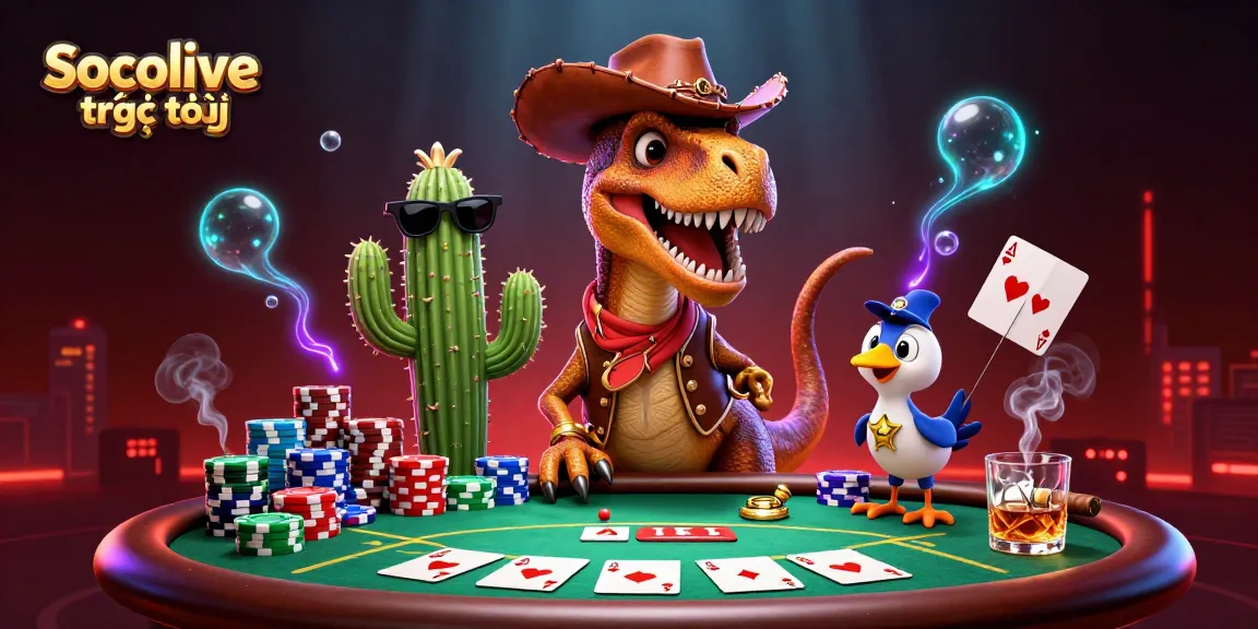Socolive trực tiếp enhances your betting experience with a captivating poker scene and dynamic cartoon characters.
