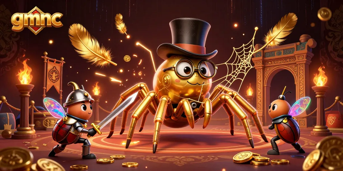 Engage with GMNC's vibrant casino realm featuring a golden tarantula weaving golden webs amidst coins.