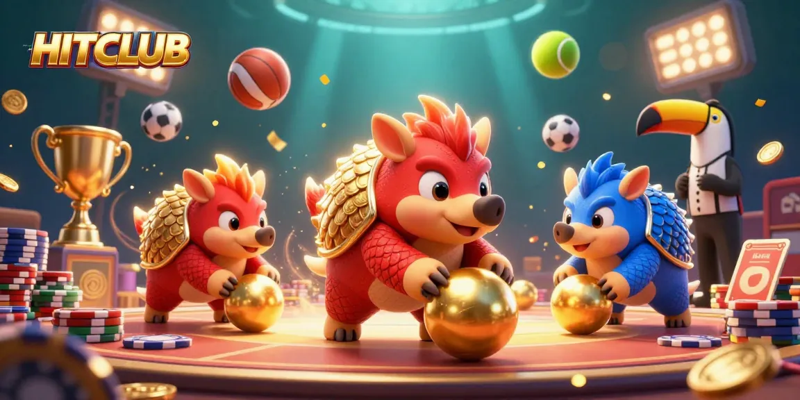 In a vibrant HITCLUB scene, rival pangolins compete with dynamic gambling elements and festive touches.