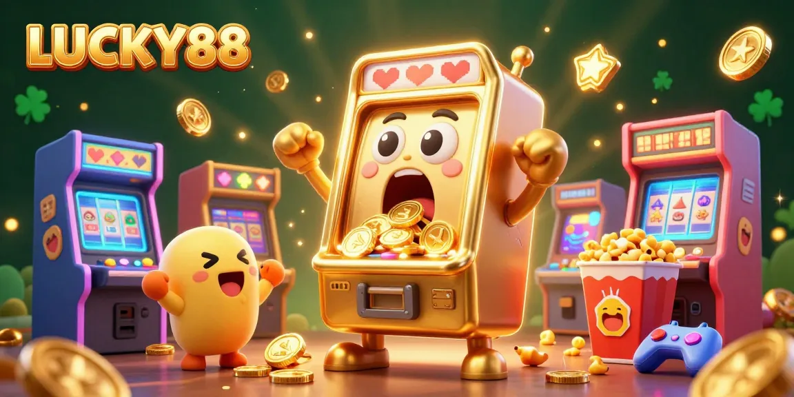 LUCKY88's jubilant golden slot machine celebrating a jackpot with coins and cheers