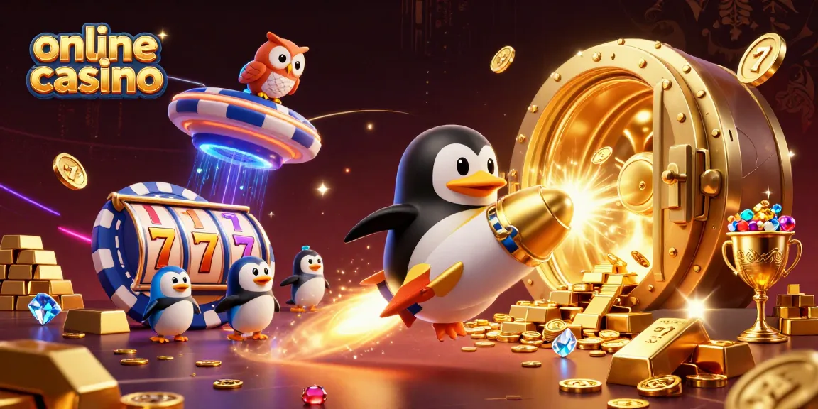 Online casino illustration featuring a rocket-powered penguin and treasure vault, showcasing vibrant energy and excitement