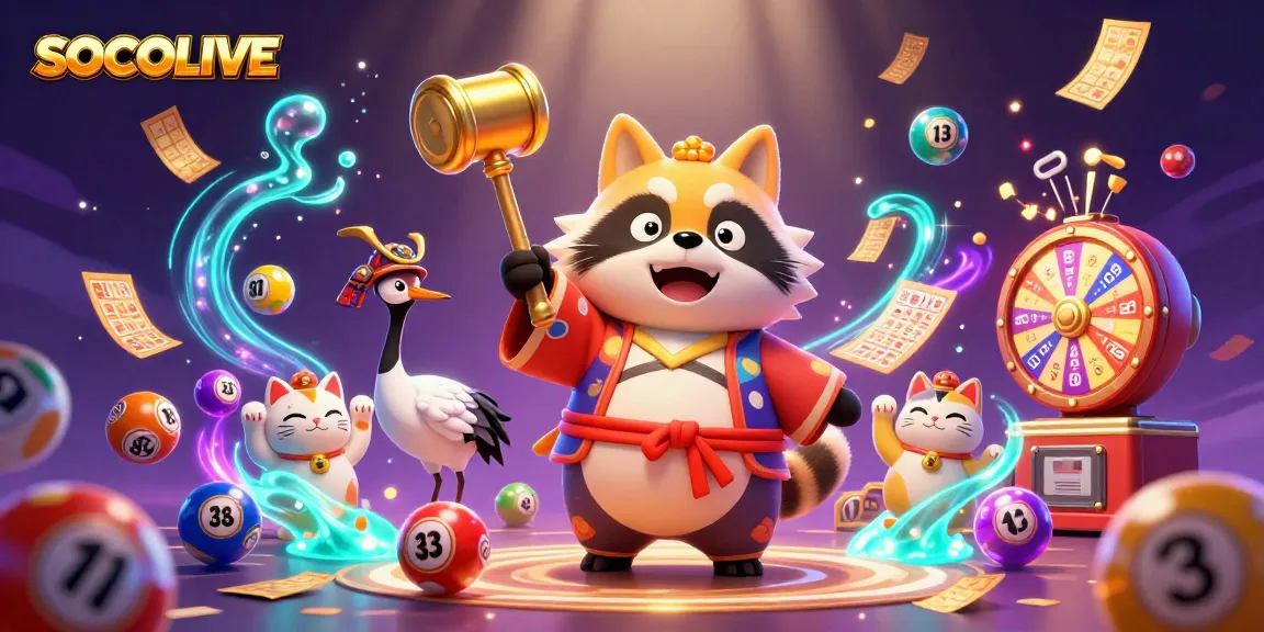 SOCOLIVE welcomes players with a vibrant scene of a cheerful tanuki, lottery elements, and exciting casino atmosphere.