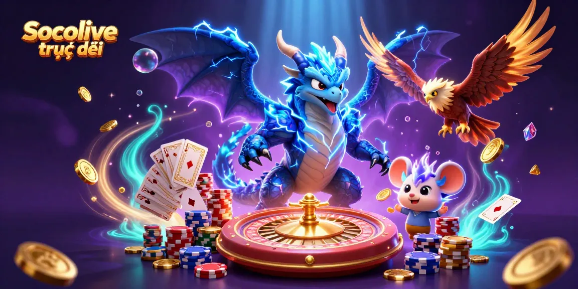 Socolive trực tiếp showcases a thrilling scene with vibrant characters amidst coins and roulette.