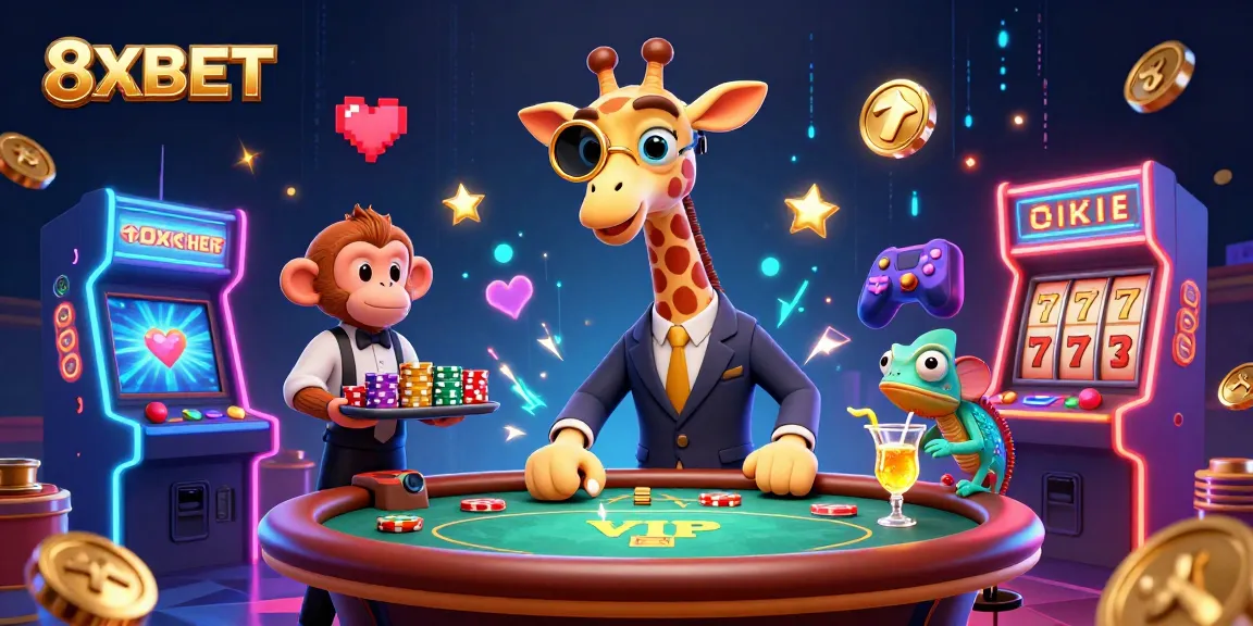 Join the action with 8XBET as the giraffe plays poker amidst vibrant gaming elements.