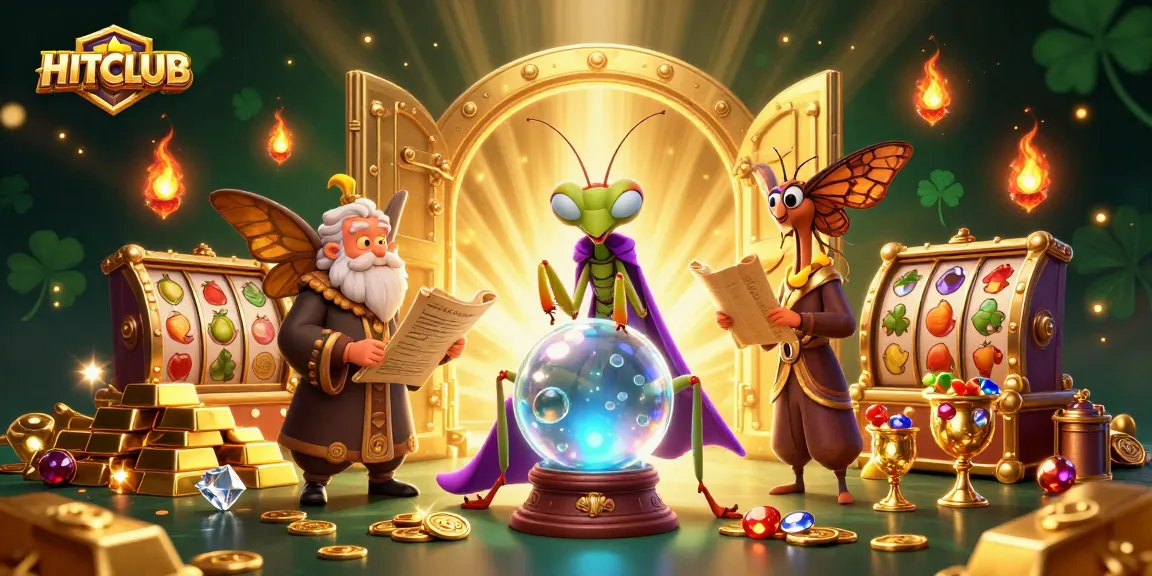 HITCLUB enchanting 3D scene showcases a fortune teller, moth librarian, and mystical gems amidst a thriving casino atmosphere.