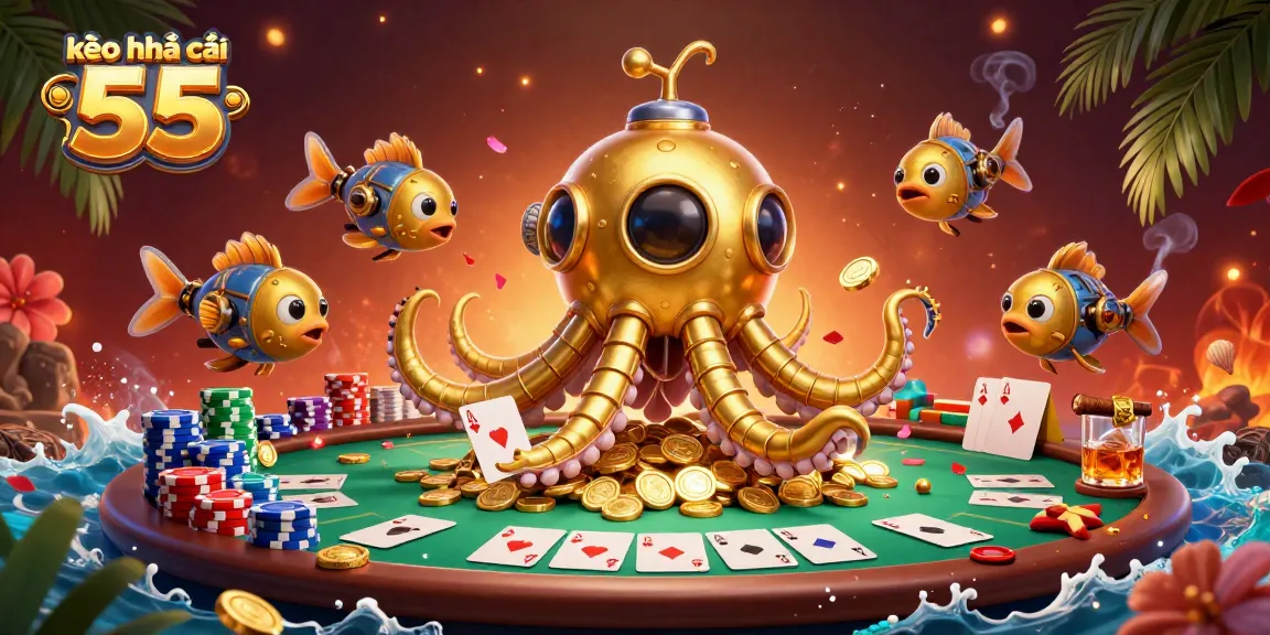 Engage with kèo nhà cái 55 in this vibrant 3D casino scene featuring a golden kraken and poker elements.