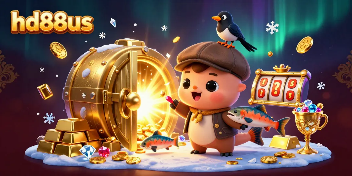 Engage with hd88us through a vibrant 3D illustration of a charming cartoon Nessie amidst gold and casino elements.