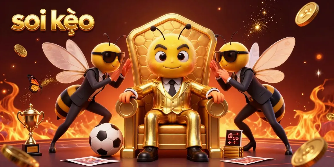 Spectacular scene depicting soi kèo sports betting dynamics with a cartoon bumblebee mob boss and vibrant betting elements.