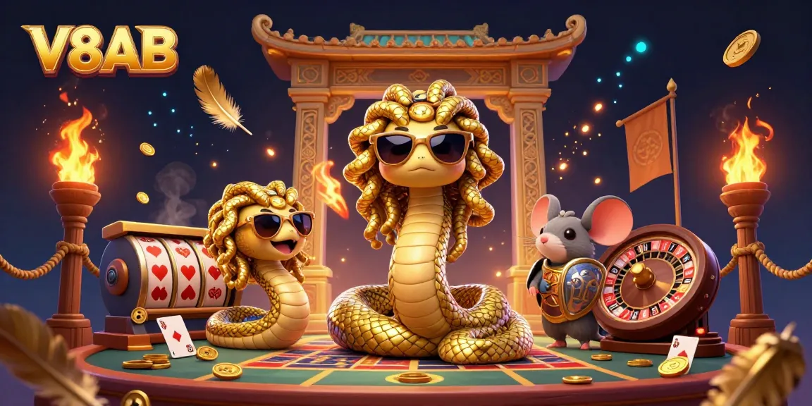 Experience thrilling wins at V8AB with a vibrant illustration featuring Medusa, a warrior mouse, and golden coins.