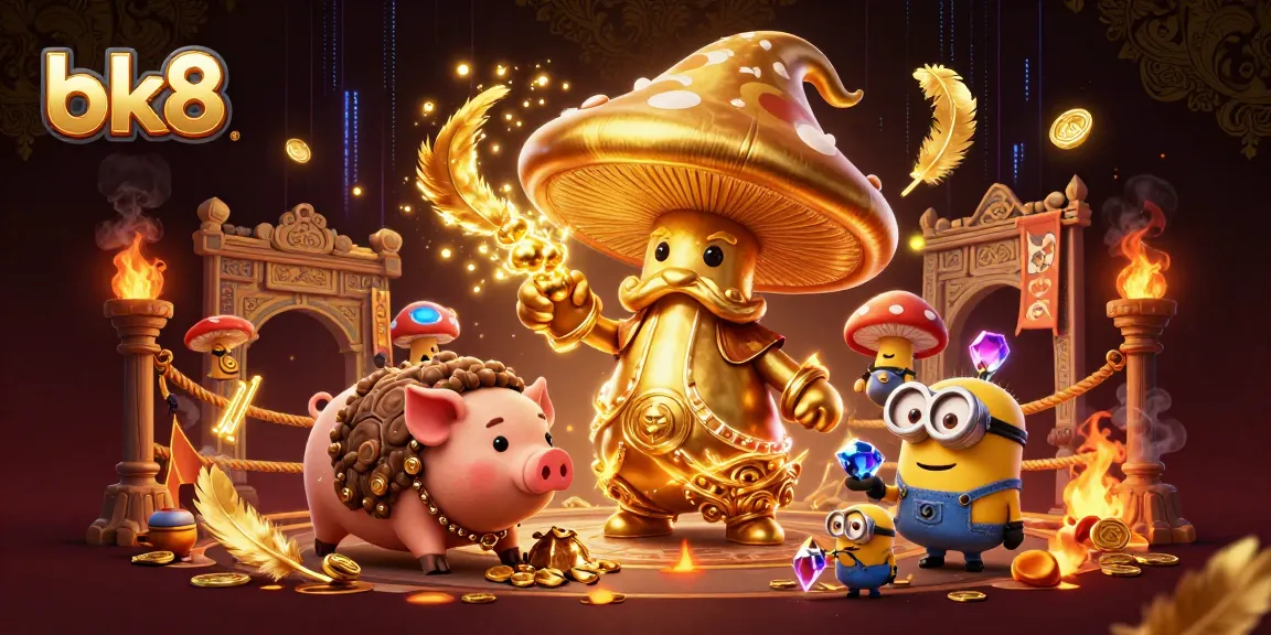 Engage with bk8's immersive gaming world through golden wizard magic and treasures in a vibrant casino scene.