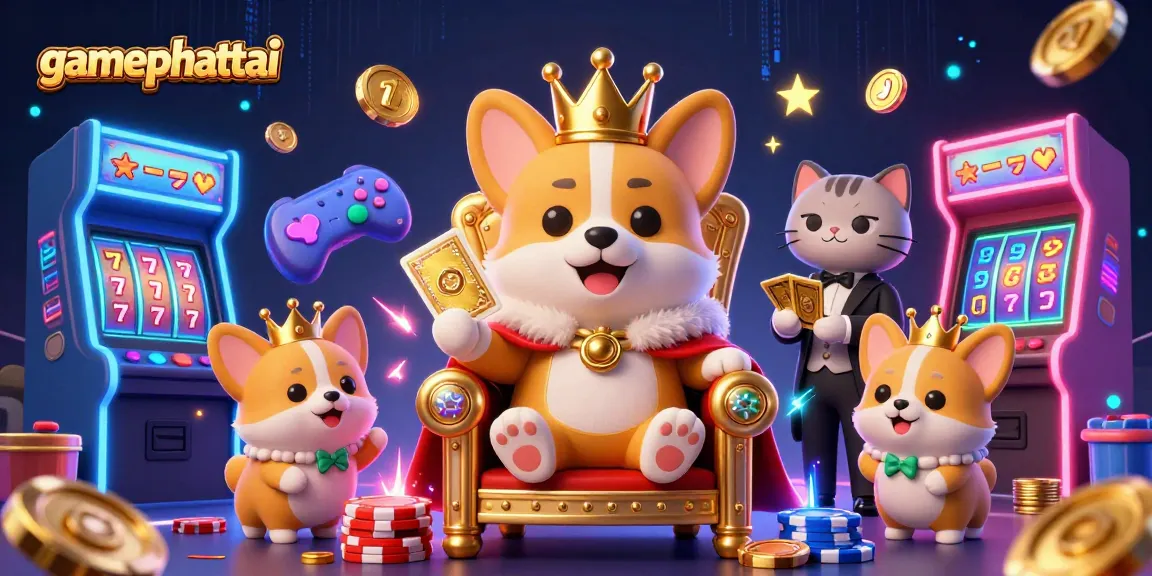 Gamephattai showcases a royal corgi themed casino scene with dynamic gaming elements and neon effects.