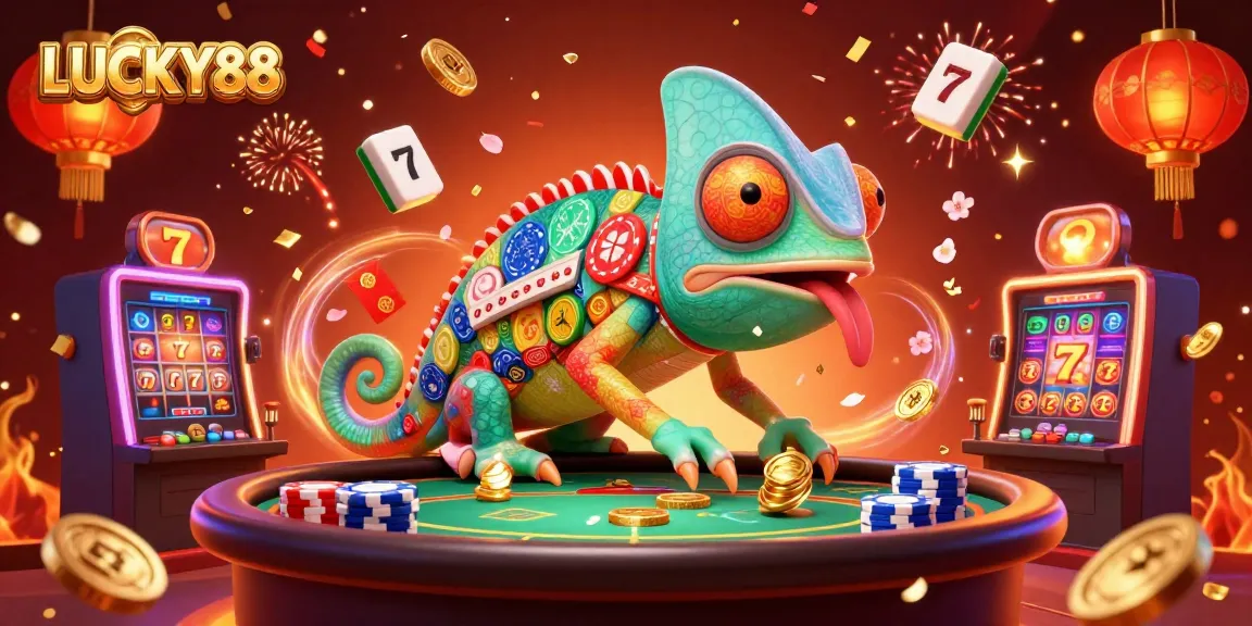 LUCKY88 captivates players with a vibrant casino atmosphere, featuring an animated chameleon owner amidst lucky symbols.