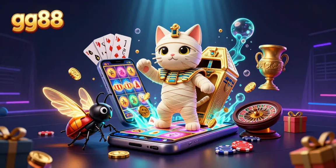 Play exciting games and win big with gg88 featuring a cartoon Egyptian mummy in a vibrant casino.