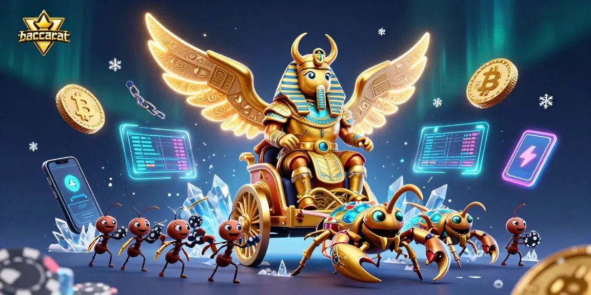 Engage with baccarat-gambling-online as a golden scarab beetle leads a casino-themed adventure, showcasing vibrant gaming elements!