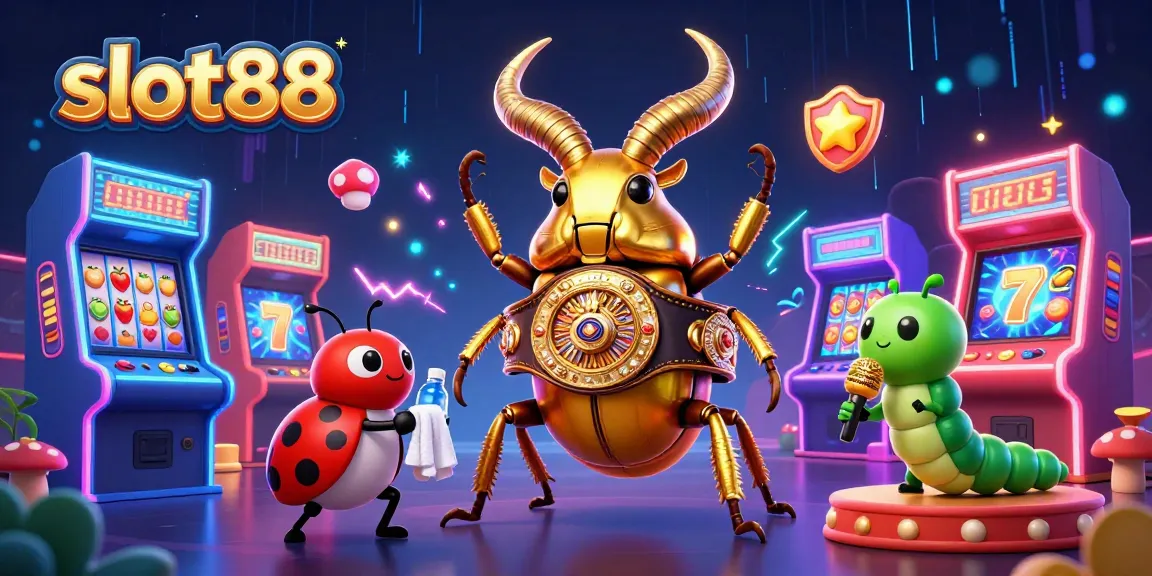 slot88 menampilkan serangga tanduk kejuaraan tinju dalam ilustrasi yang penuh warna dengan elemen kasino.