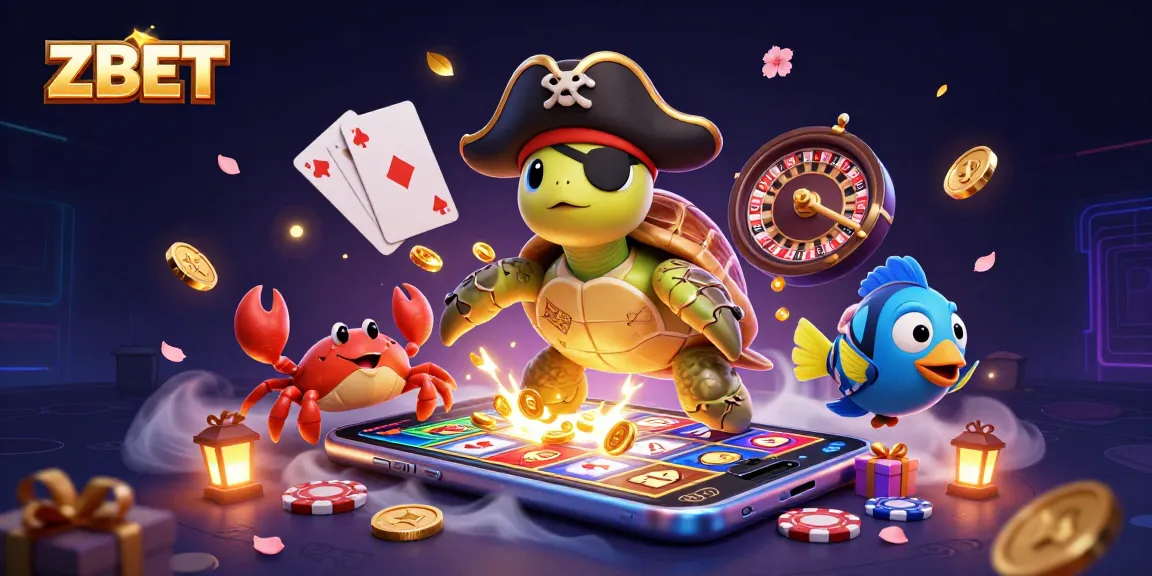 ZBET players enjoying a vibrant casino experience with cartoon characters amid slot games and golden treasures.
