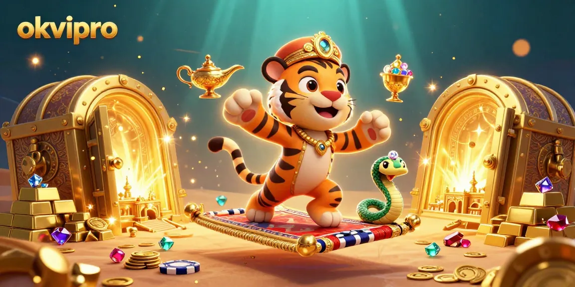 Experience the excitement at okvipro with a vibrant casino scene featuring a tiger sultan and treasure.