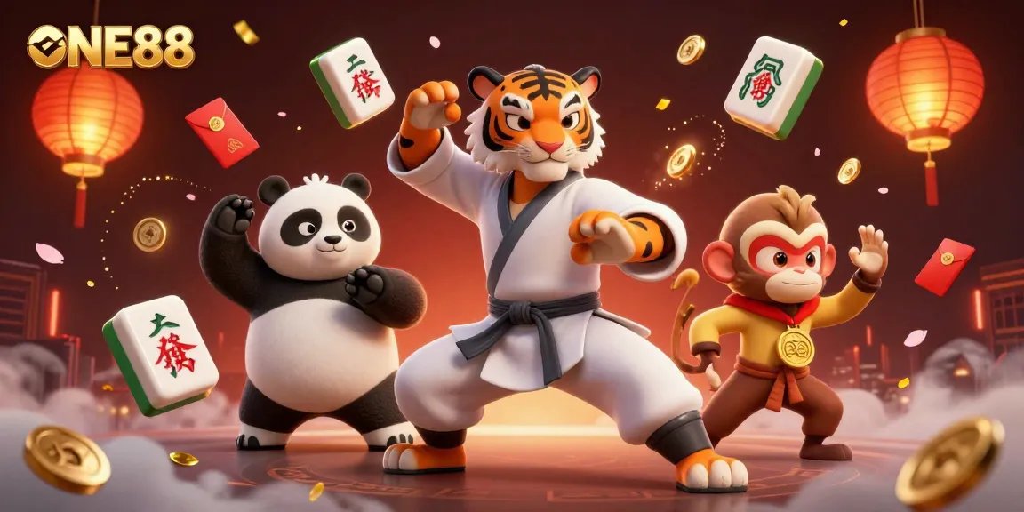 Engage in thrilling gameplay at ONE88, featuring dynamic scenes with a kung fu tiger, panda, and monkey.