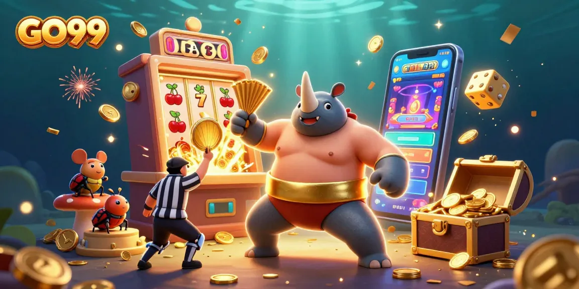 Experience the excitement of GO99 with a thrilling slot machine scene bursting with coin jackpots and vibrant characters.