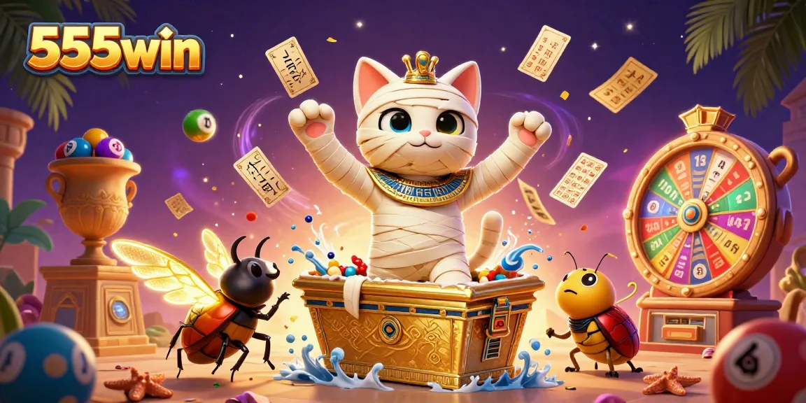 Engage with 555win as the Egyptian mummy cat bursts from a sarcophagus in an exciting casino scene.