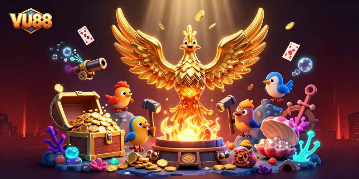 Experience thrilling wins at VU88 with a dynamic illustration of a molten golden phoenix amidst underwater treasures and vibrant casino elements.
