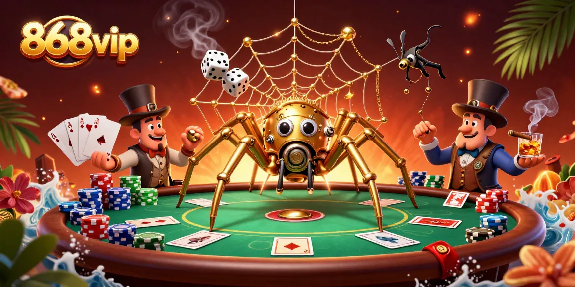 Catch exciting moments in 868vip's vibrant casino scene with golden spider and poker elements.
