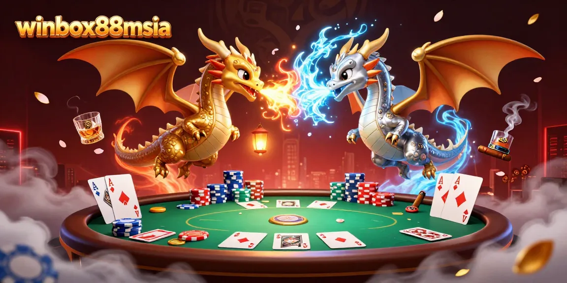 Winbox88msia offers thrilling casino action with golden and silver dragon animation and poker elements.