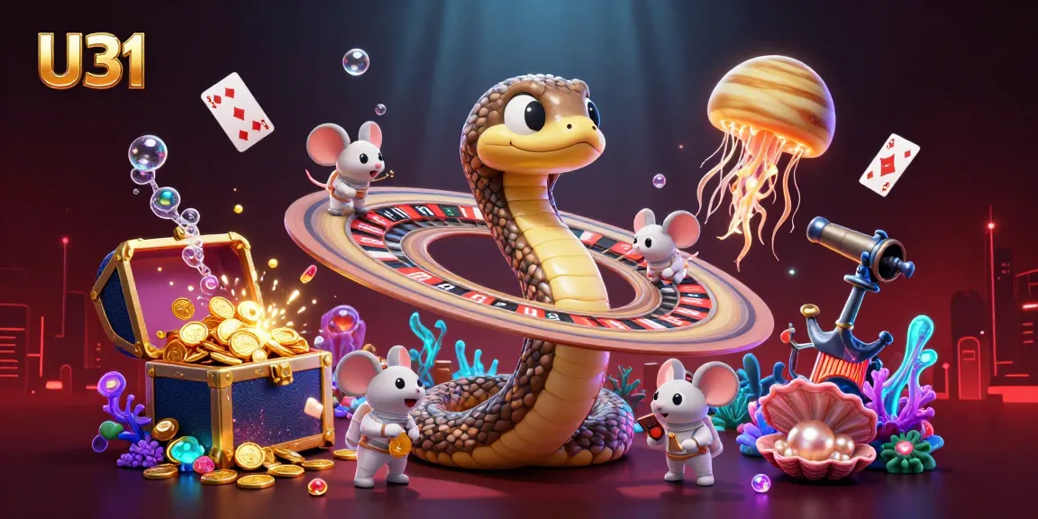 Join the excitement of U31 casino action with cartoon snakes and astronaut mice in a vibrant gambling scene.
